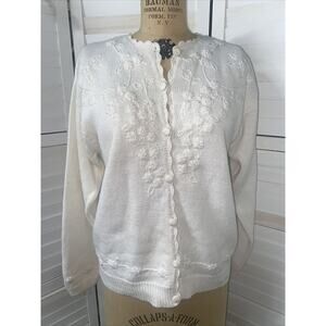 VTG 90s SML Sport Women's White Knit Cardigan Sweater Floral Needle Work Size L